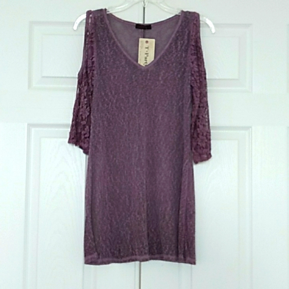 T Party Lavender Purple Lace Open Cold Shoulder Top